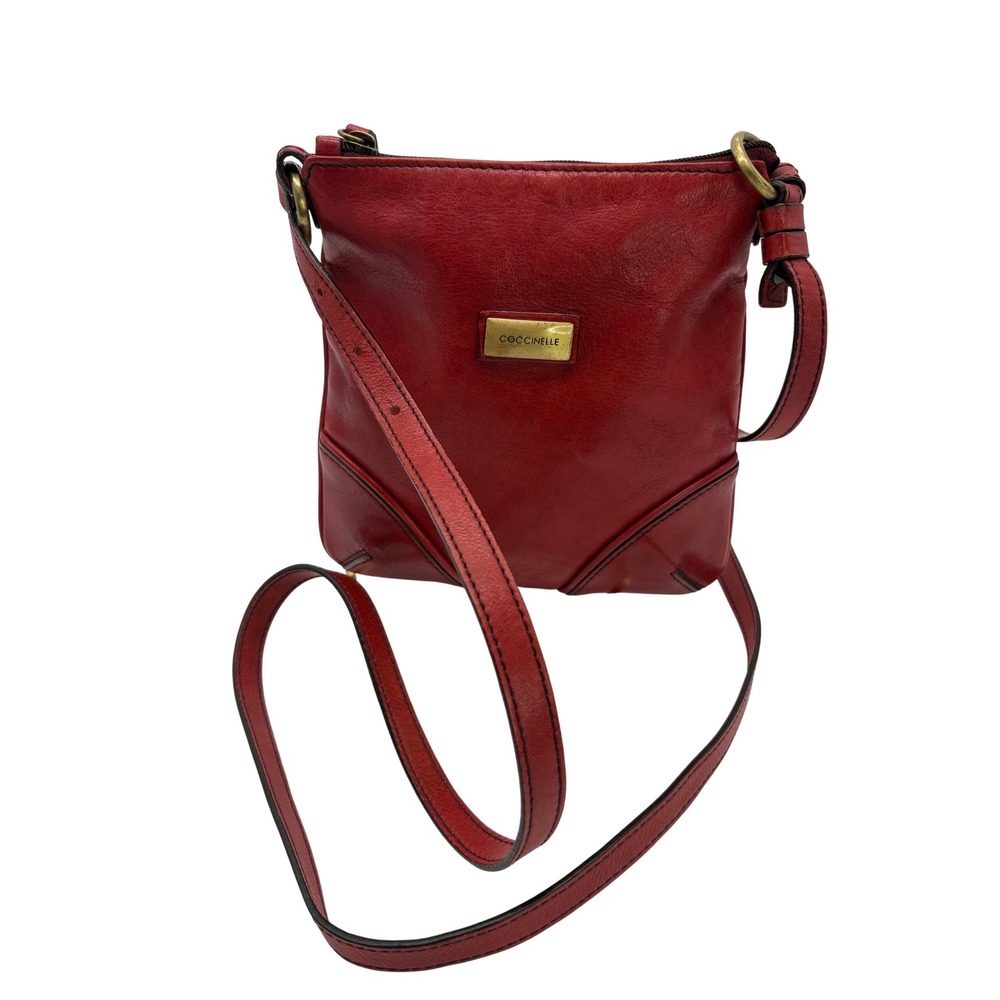 Coccinelle Red Leather Crossbody Bag Italian Small Messenger Purse Gold Logo